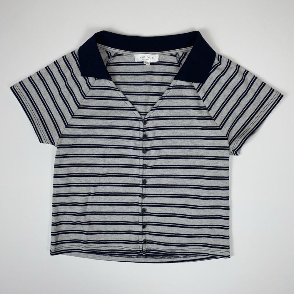 KIRIOUS LA Young Women's Striped Collared Button Polo Shirt Size M Gray&Navy
